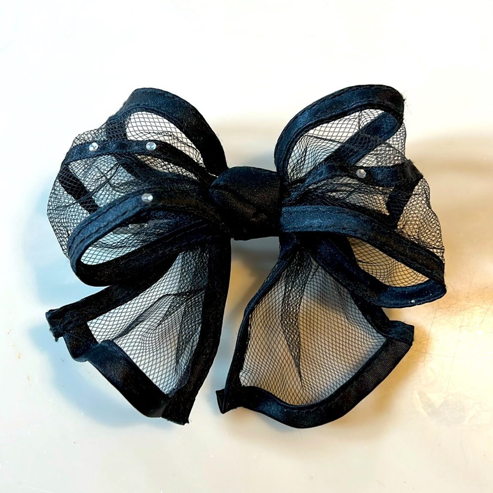 Black Hair bow with black silk ribbon, and rhinestone accent-clip